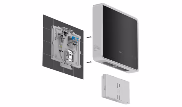 AJAX EN54 Fire Hub Jeweller Montage – Wandhalterung, Verkabelung und Frontabdeckung im Installationsaufbau