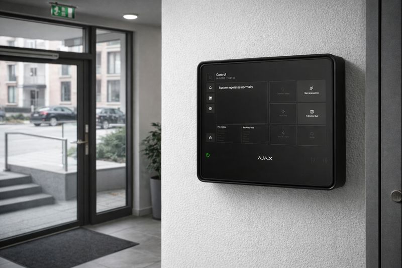 AJAX EN54 Fire Hub Jeweller im Eingangsbereich eines Mehrfamilienhauses – EN54 Funk-Brandmeldezentrale an der Wand