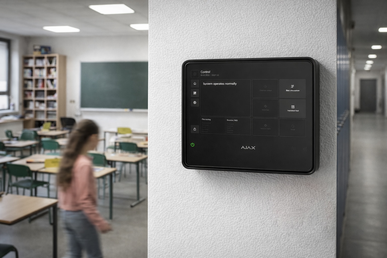 AJAX EN54 Fire Hub Jeweller in einer Schule – EN54 Brandmelde-Zentrale im Flur neben Klassenräumen